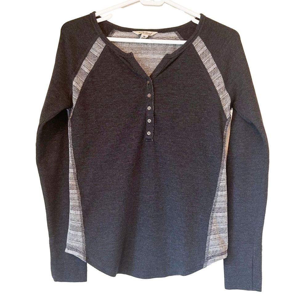 GUC Lucky‎ Brand Women's Dark Grey Thermal Waffle Knit Henley Top Stripes Medium